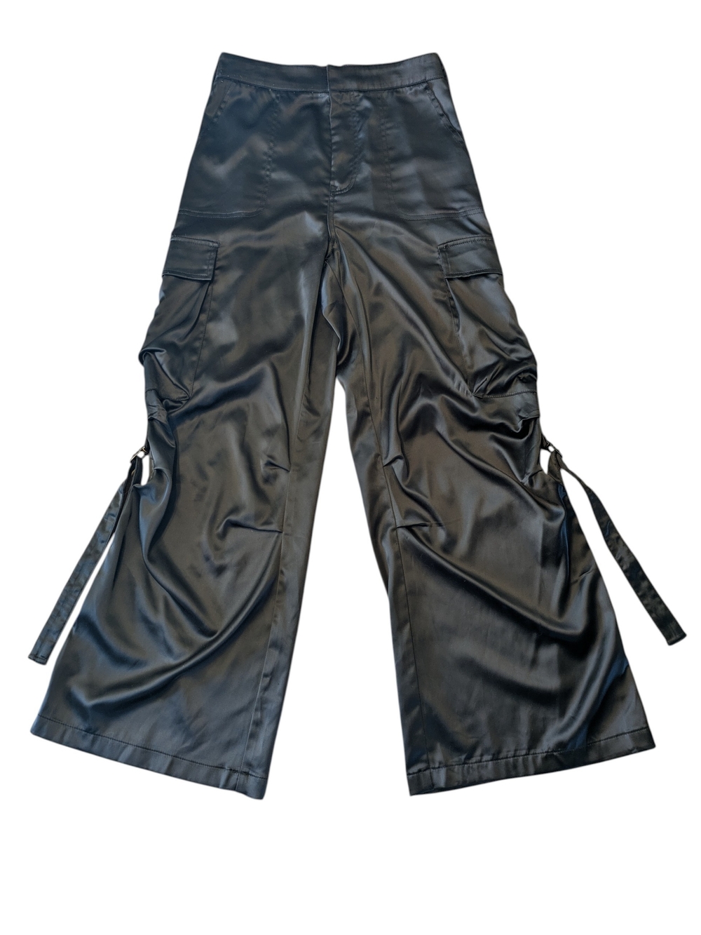 Mustard Seed Black Satin Wide-Leg Cargo  Pants with Side Ties S